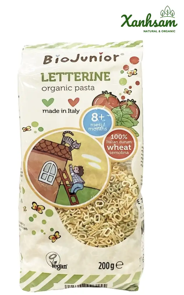 Mì NUI ĂN DẶM hữu cơ cho bé HÌNH CHỮ CÁI (Từ 8 tháng tuổi) – EU Organic – Bio Junior – Italy – 200gr